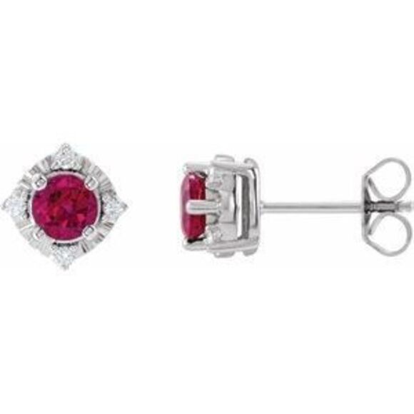 Sterling Silver Lab-Grown Ruby .08 CTW Natural Diamond Halo-Style Earrings